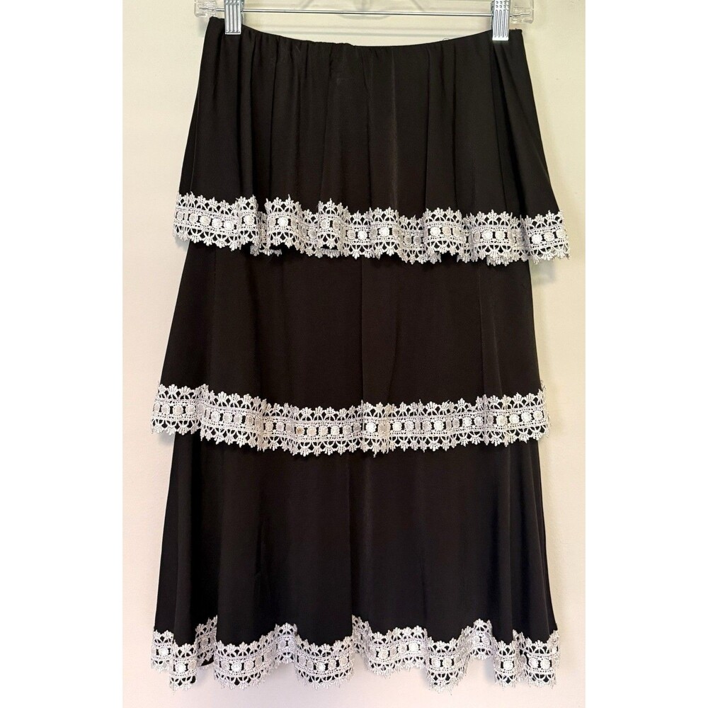 Judith March Tiered Skirt Medium Black White Crochet Lace Boho Hippie